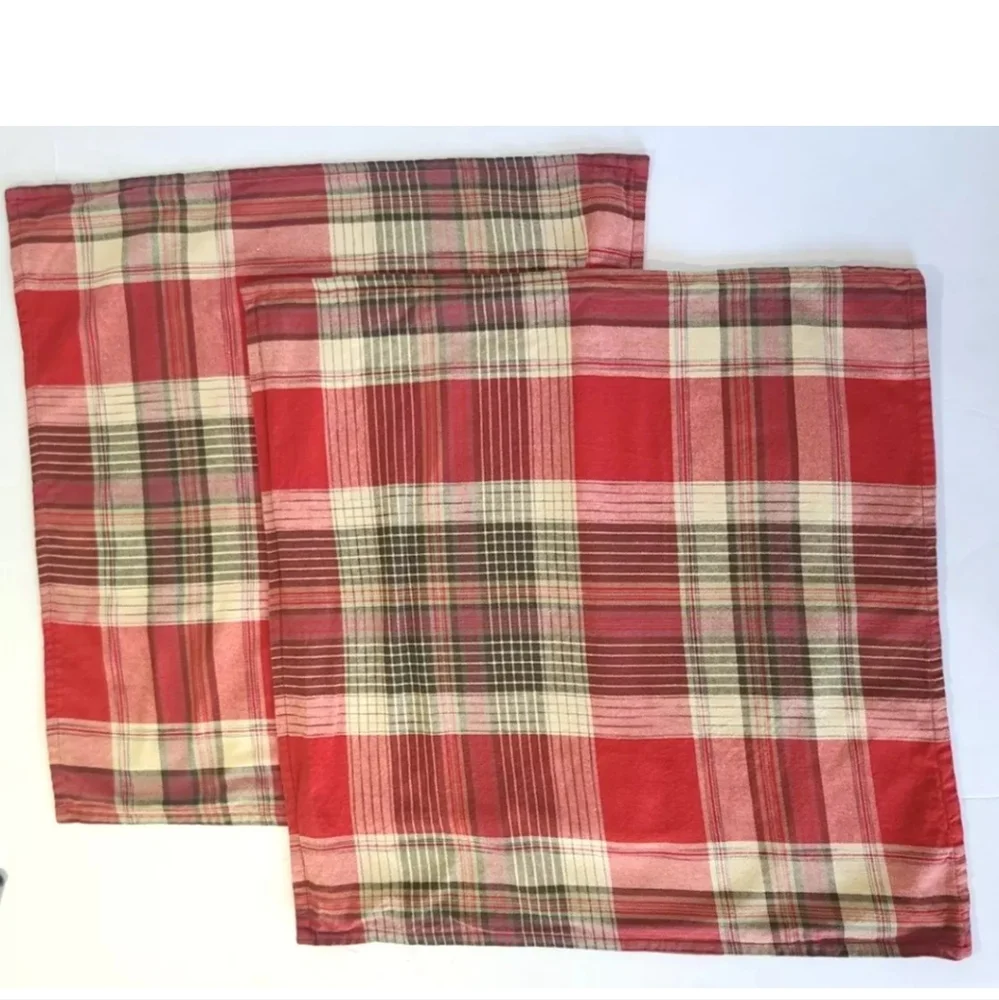 Pottery Barn Red Tan Cream Plaid Jackson Pillow Sham Set Of 2 24" X 24" - Picture 2 of 8